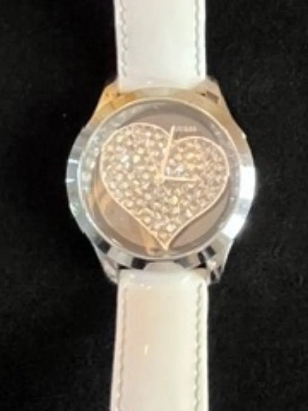 GUESS | Clearly Heart Silver-tone White Patent Leather Band-NEW Battery